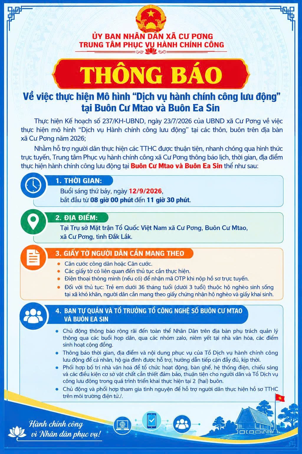 THÔNG BÁO Về việc thực hiện Mô hình “Dịch vụ hành chính công lưu động” tại Buôn Cư Mtao và Buôn Ea Sin
